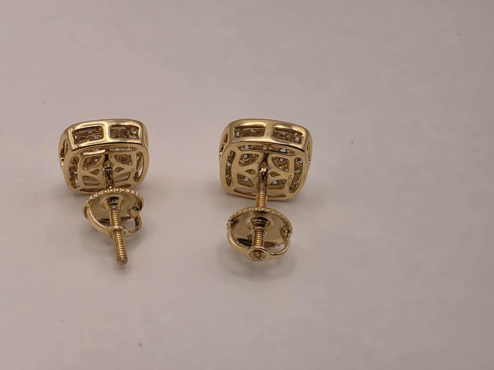 10K Yellow Gold Diamond Cluster Stud Earrings Pave Natural Diamond Square Cushio
