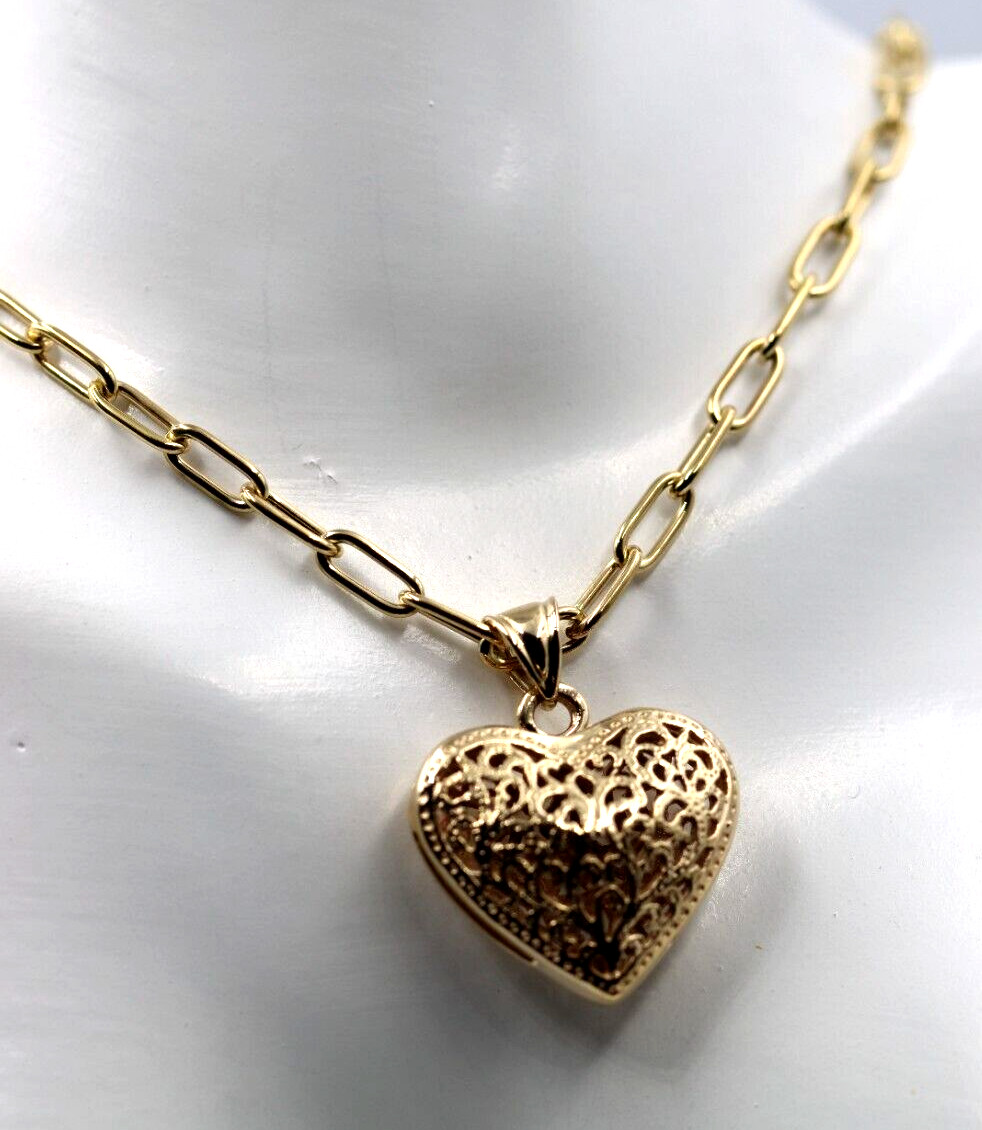 Genuine 9ct Yellow Gold Handmade Paper Clip 45cm Chain + Heart Pendant