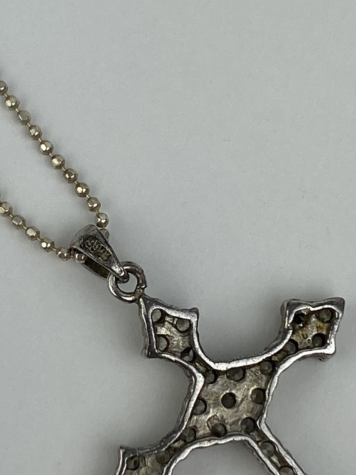 Sterling Silver 16″ Necklace Gothic Cross Pendant Clear CZ Ball Chain