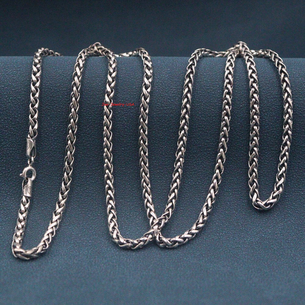 Genuine 925 Sterling Silver 3mm Wheat Link Chain Necklace 27.5″L Stamping S925