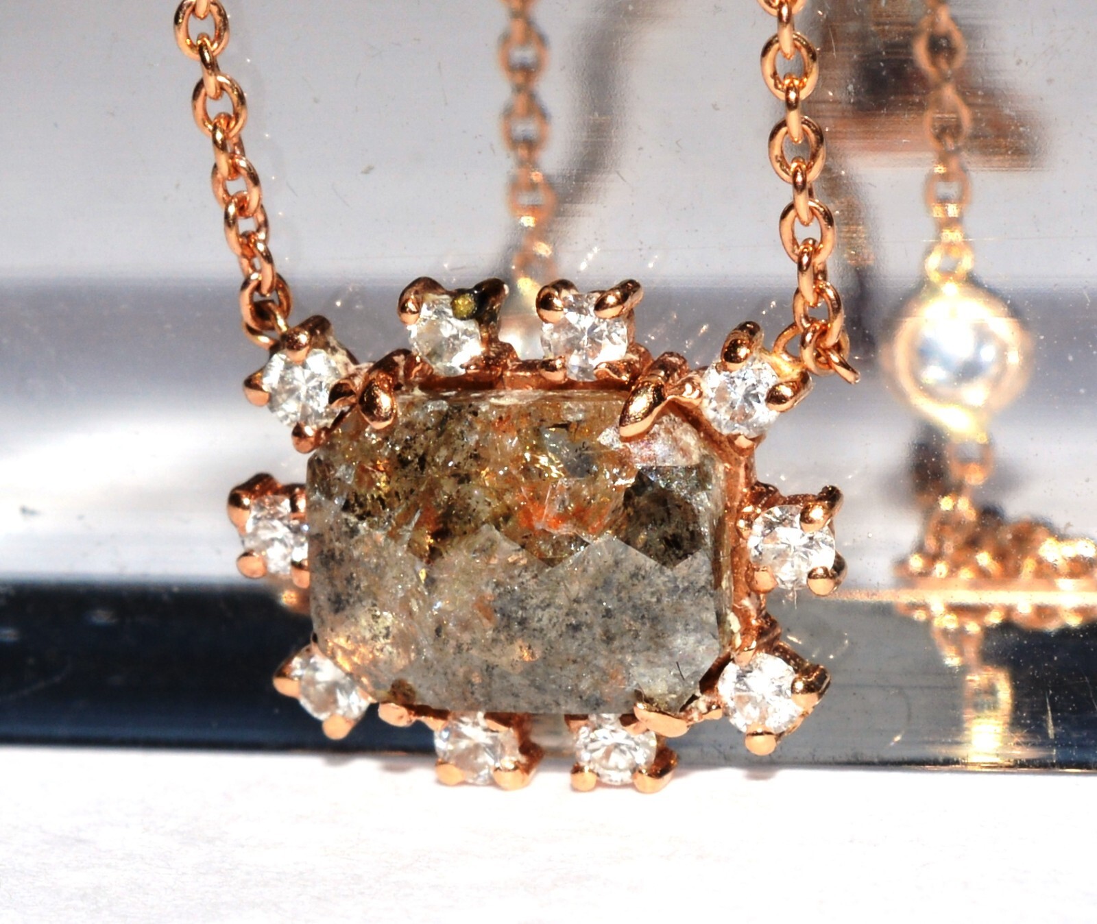 Unique Solid 14k Rose Gold Grey Rose Cut Diamond w White Diamond Accent Necklace