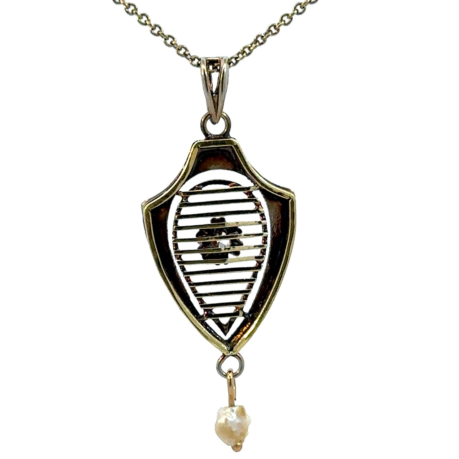 Vintage 14K Yellow Gold Diamond and Pearl Shield-Like Pendant Necklace 16″