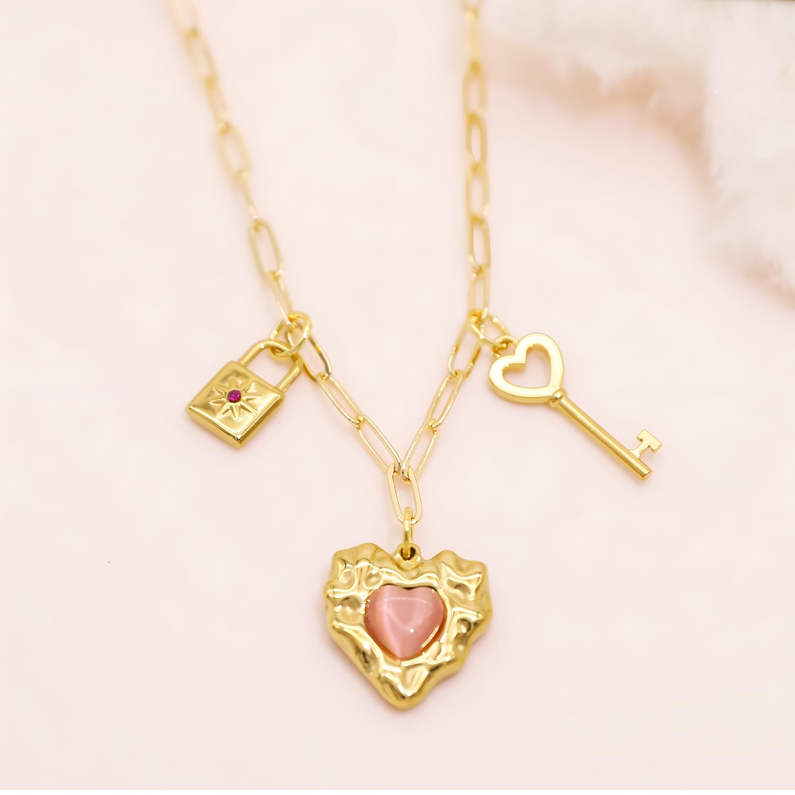 Multi Charm Necklace for Women Chunky Gold Plated Paperclip Chain Choker Ne – 07