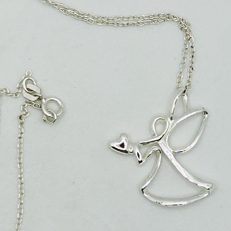 Sterling Silver Angel Heart Pendant Necklace Designer Signed LA 18″