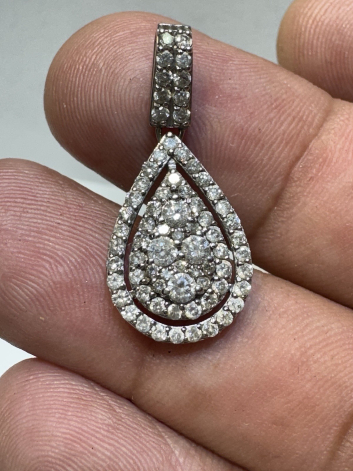 Real 14k White Gold Natural Diamond round cut 1.25ctw Cluster Pendant Teardrop