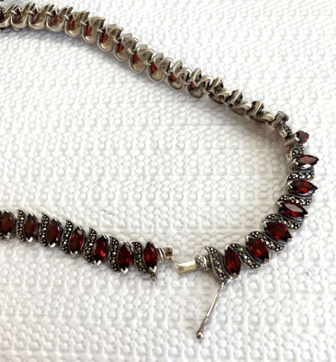 Vintage sterling silver garnet and Marcasites necklace 56 Marquise Cut Garnets