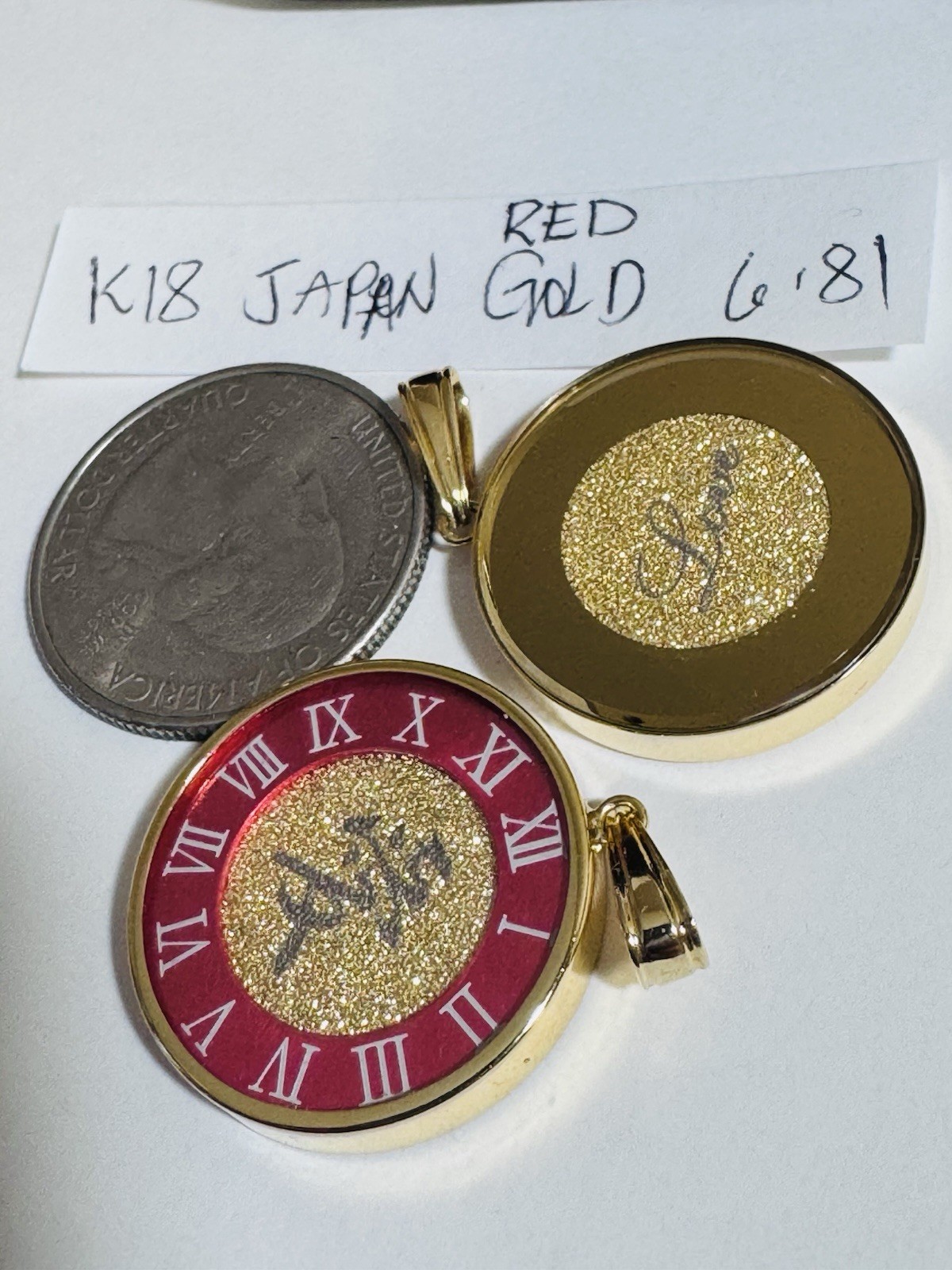 K18 Japan Real Gold Pendant Love Red & Gold 6.8g Reversible w/ Glass on Top