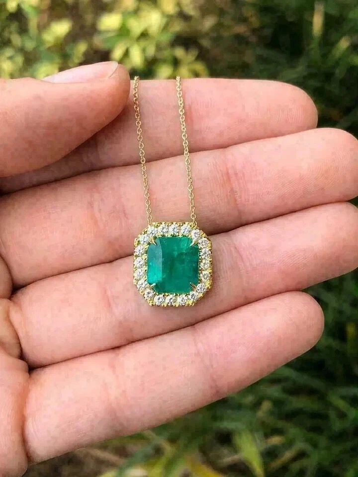 2.00Ct Asscher Cut Lab Created Emerald Halo Fancy Pendant 14K Yellow Gold Plated