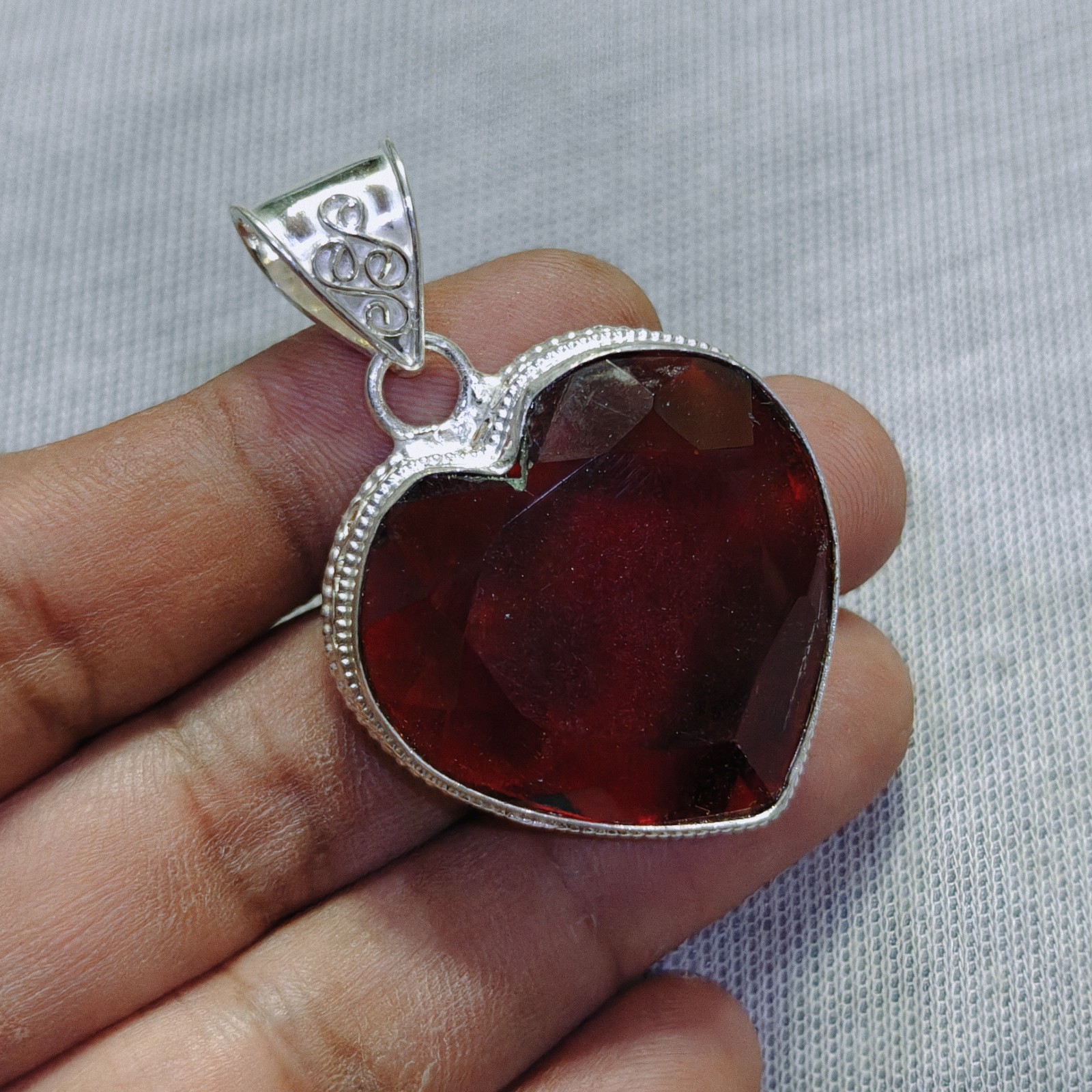Red Garnet Quartz Gemstone Pendant Handmade Sterling Silver Heart Cut Pendant
