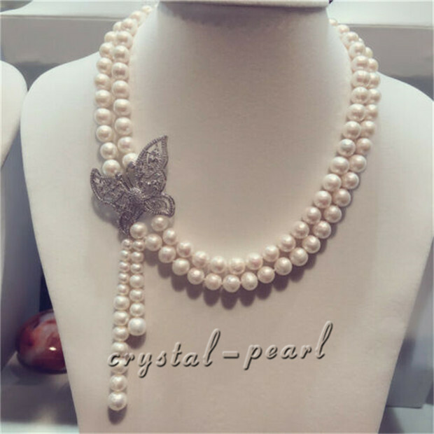 AAA 9-10MM SOUTH SEA WHITE PEARL NECKLACE 18″+19″ beauthful clasp