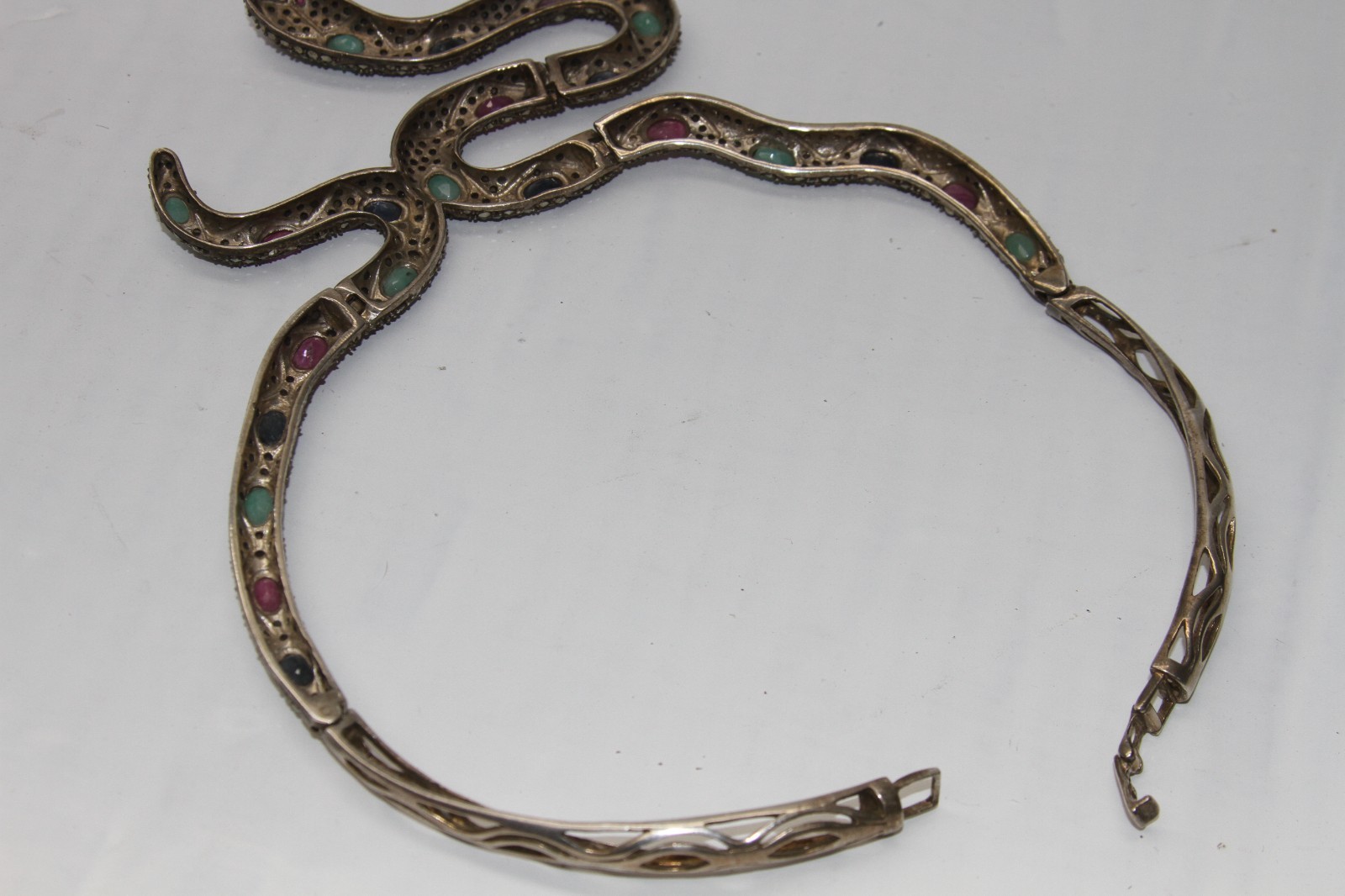 Ruby, Emerald, Sapphire, Marcasite Snake Necklace 925 Sterling Silver 77g