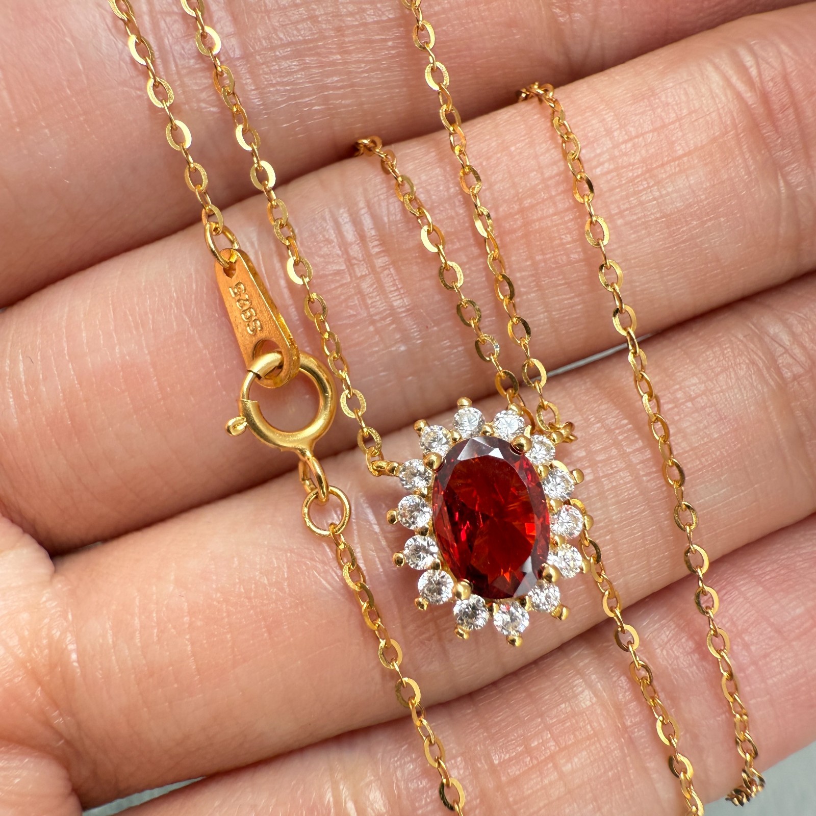 925 Sterling Silver Necklace 7x5mm Natural Garnet Zircon Handmade Flower Chain