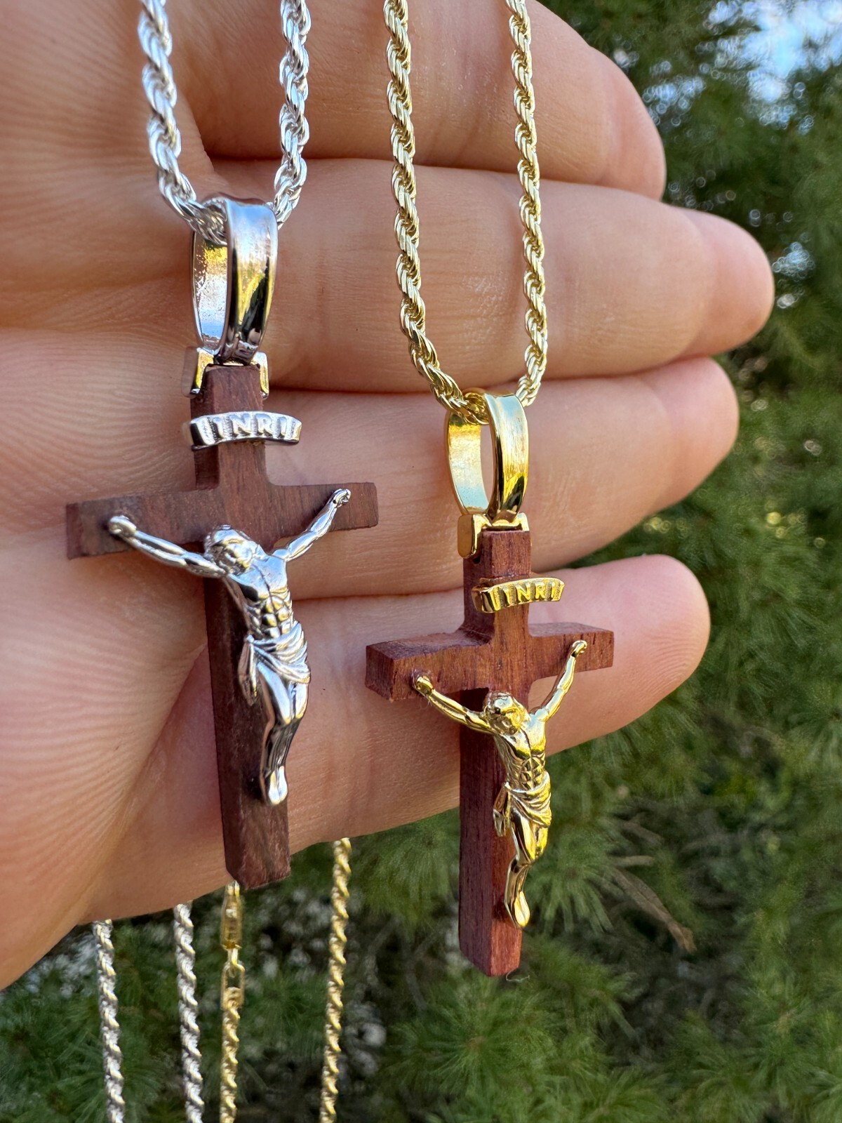 Mens Real 925 Silver Red Cherry Walnut Wood Jesus Cross Pendant Necklace 1.25″