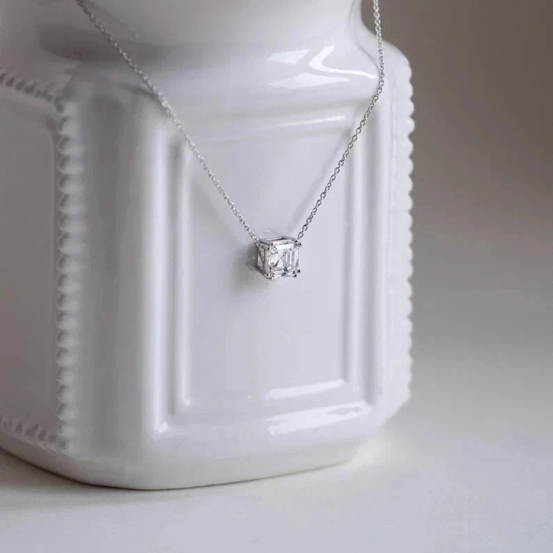 Lab Created Diamond 2Ct AsscherSolitaire Women Pendant 14K White Gold Plated 18″