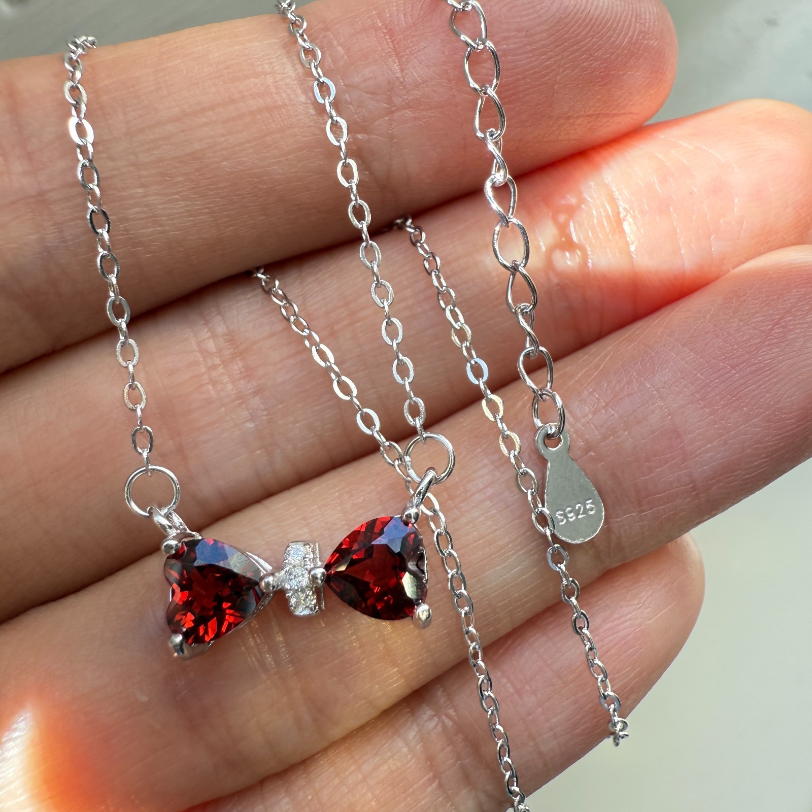 925 Sterling Silver Necklace 5mm Heart Natural Garnet Gemstone Zircon Chain Bow