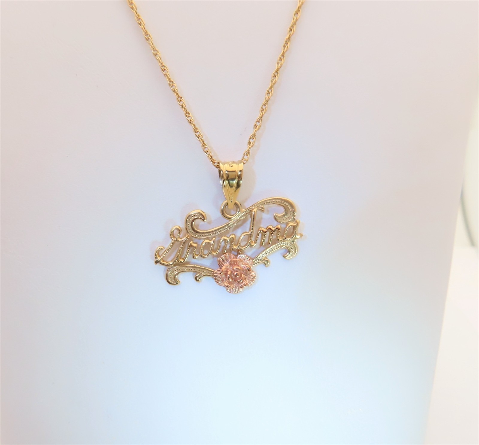 Gold Grandmother Necklace Grandma Jewelry Gift 14K Solid Gold Rose 24″ PN049