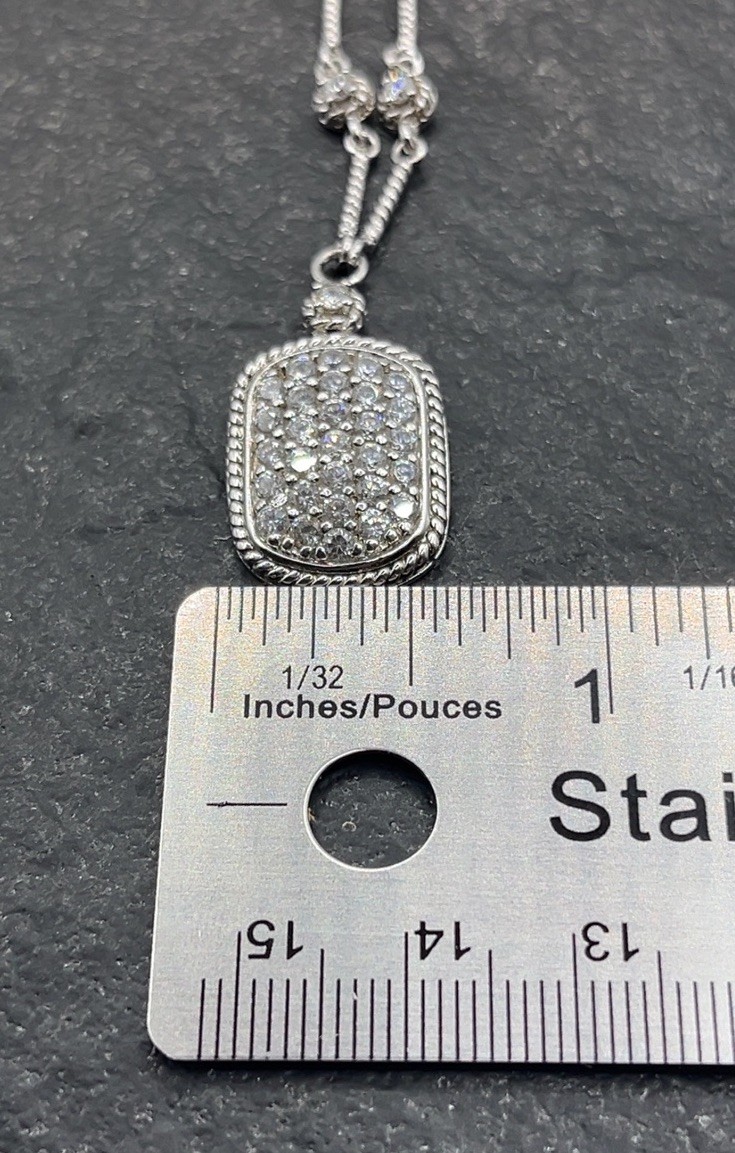 ADI Sterling Silver CZ Dog Tag Pendant with Twisted Bar Link Station 18” L Chain