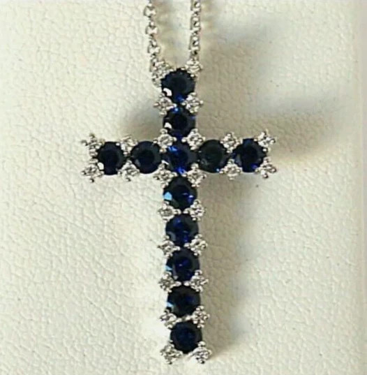 2Ct Round Cut Lab Created Blue Sapphire Cross Pendant 14K White Gold Plated