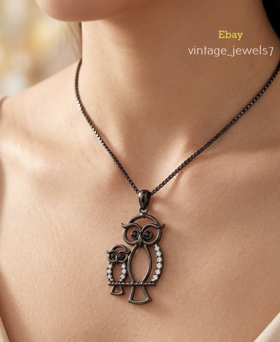0.51CT Round Cut Lab Created Diamond Cute Two Owl Pendant 14K Black Gold Finish