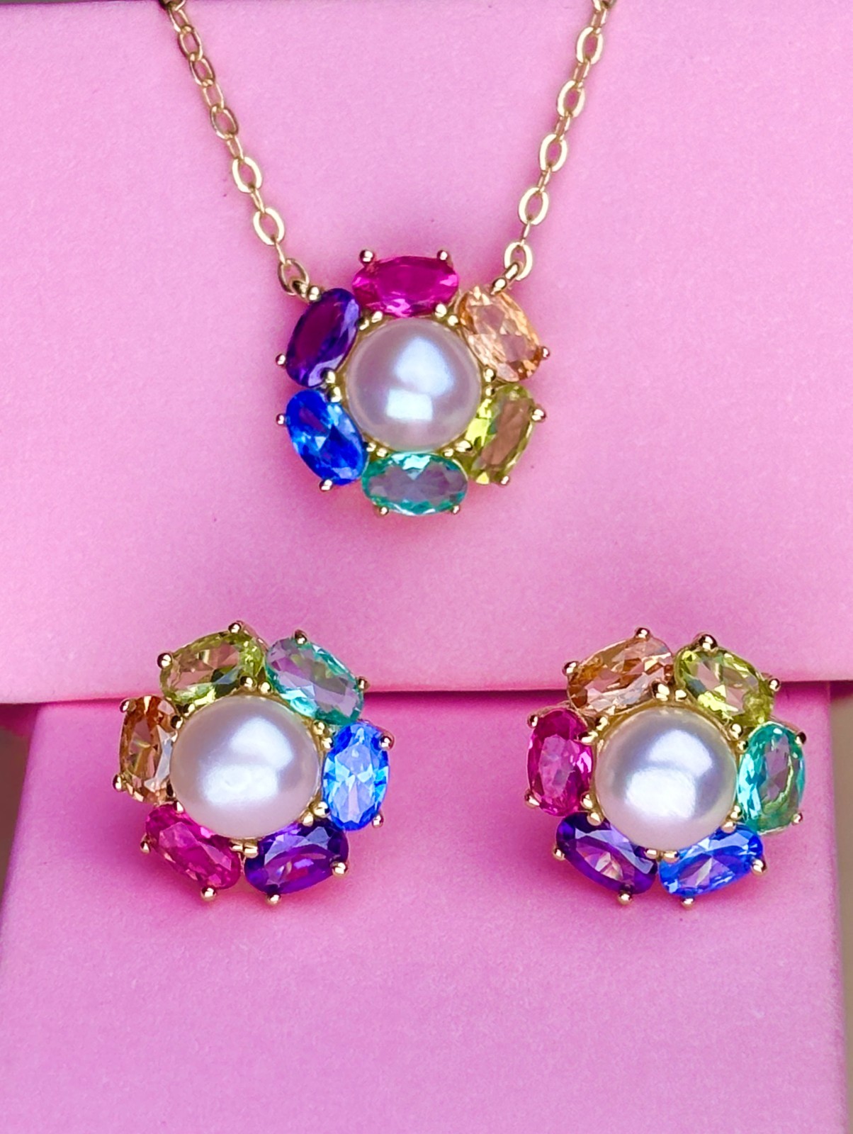 925 Silver Multicolor Gemstone Pearl Flower Pendant & Earrings Gifts For Women