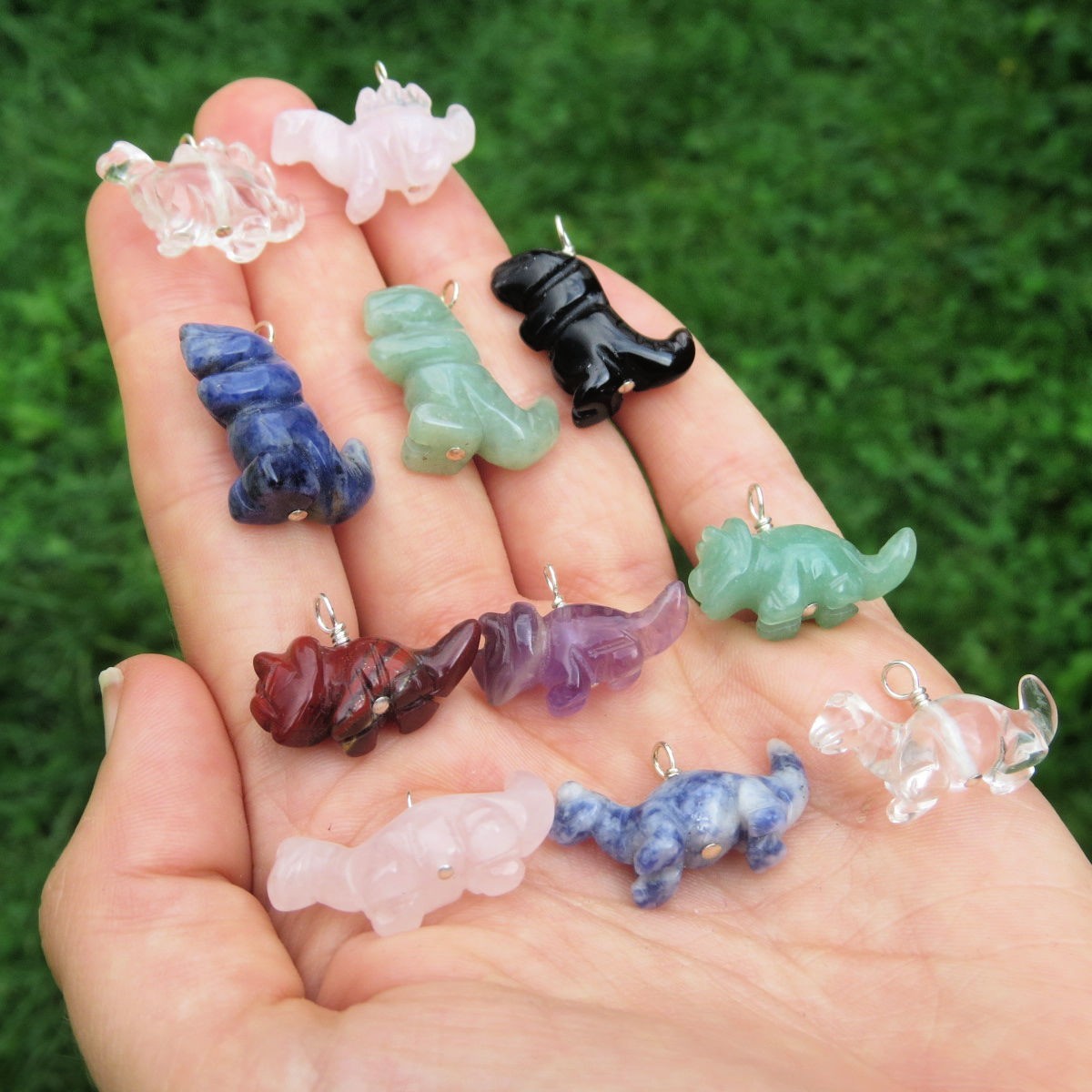 Crystal Dinoasura Necklace – Carved Stone Animal -T Rex Triceratops Stegosaurus