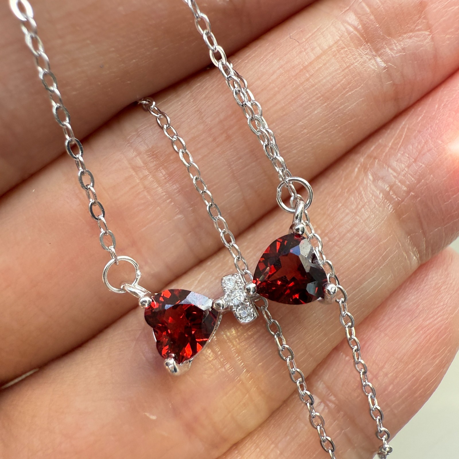 925 Sterling Silver Necklace 5mm Heart Natural Garnet Gemstone Zircon Chain Bow
