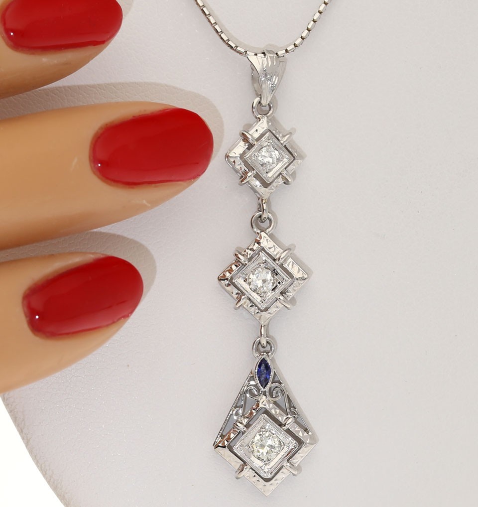 Natural Diamond Sapphire 18K Lavalier Pendant Necklace .35CT 14K WG 16”Chain
