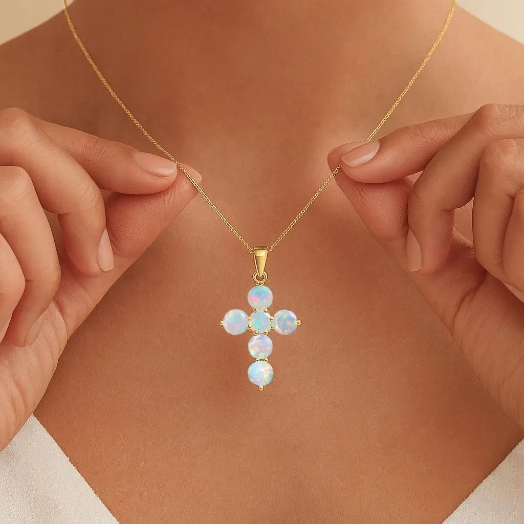 White Multifire Opal Gemstone Gold Cross Pendant, Ethiopian Opal Chain Pendant