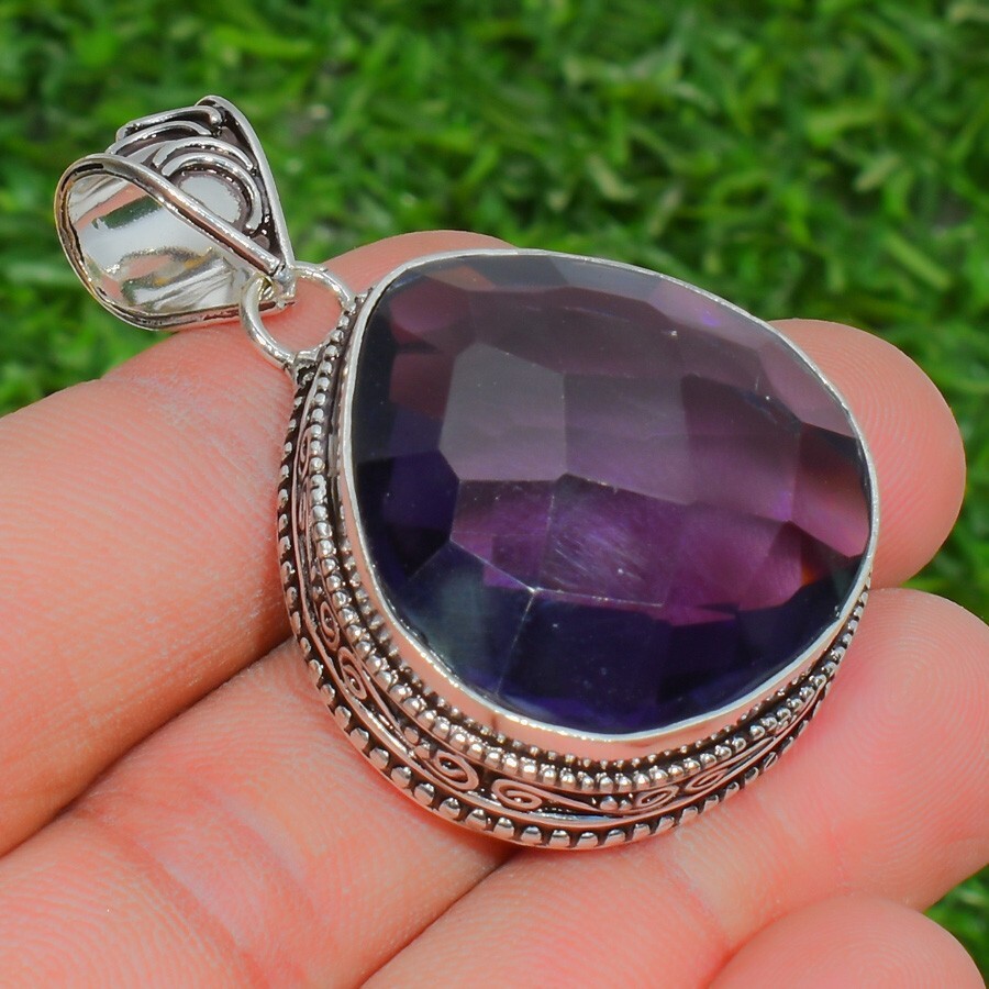 African Amethyst Gemstone Handmade 925 Sterling Silver Jewelry Drop Cut Pendant