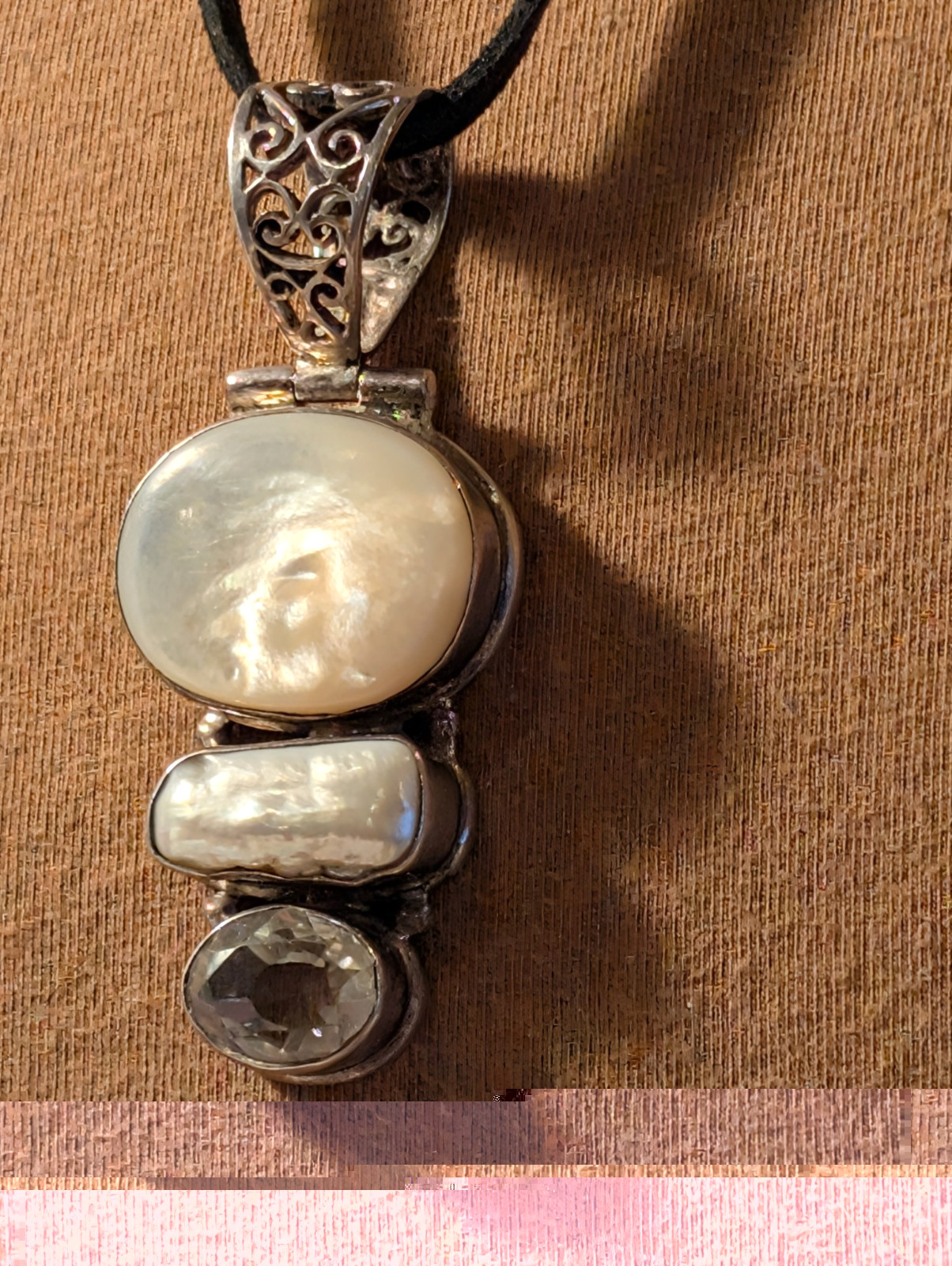 Sterling Silver 925 2 MOP & Topaz? Unique Hinged Pendant Oversized Filigree Bail