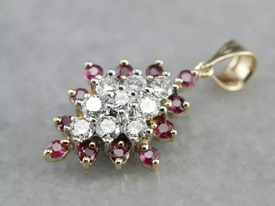 2Ct Cut Diamond & Ruby Cluster Pendant 14K Yellow Gold Finish Free Chain