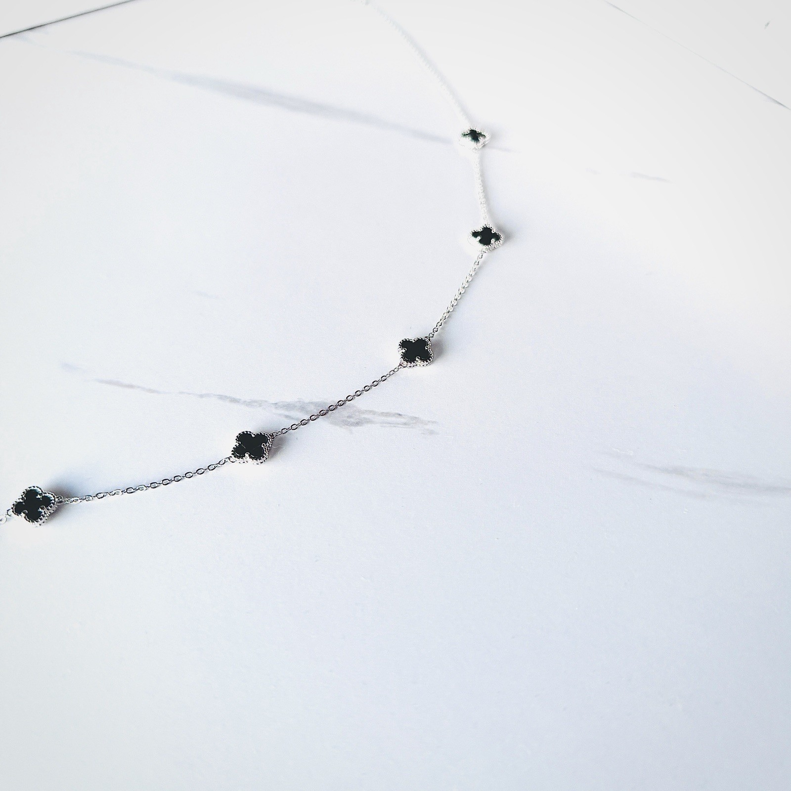 Black Onyx Station Necklace REAL Sterling Silver Minimalist Fine Jewelry