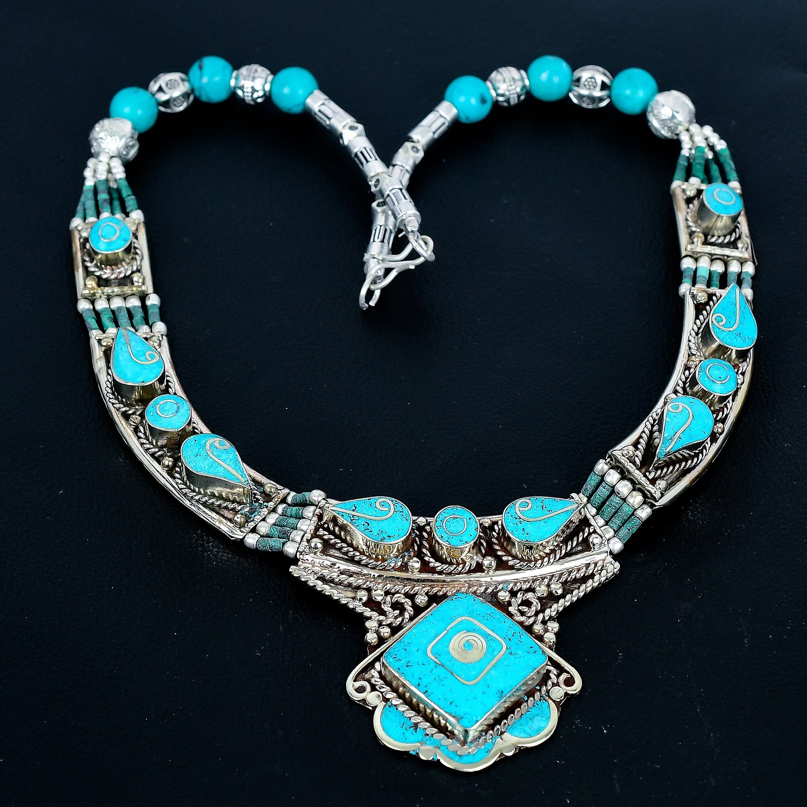 Turquoise Handmade 925 Sterling Silver Tibetan Nepalese Nepali Necklace 18″ J674