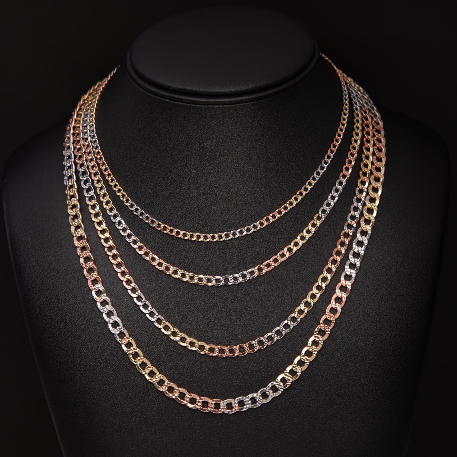 10K GOLD Nugget Design Curb Link Chain Yellow Rose White Gold All Sizes