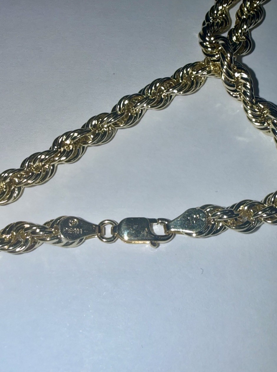 Large Solid 10K Gold Semi-Hollow 4.8mm Rope Chain Necklace 22”