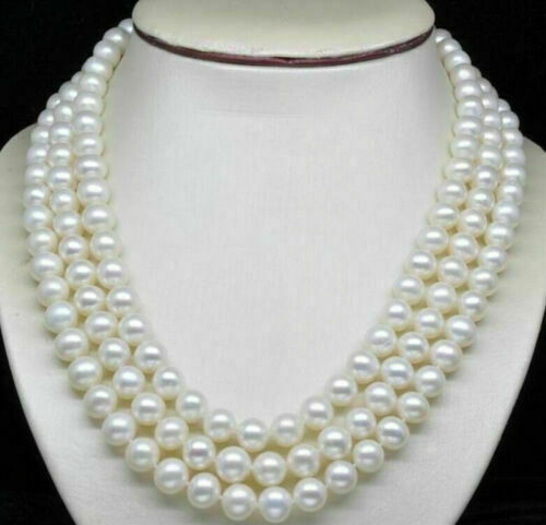 Three-Strand natural AAA 9-10 mm 22-24 inch Akoya white pearl necklace 14K Clasp