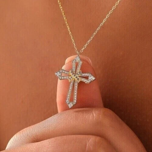 Sterling Silver Gold Finished Religious Two-Tone Diamond Cross Pendant Necklace