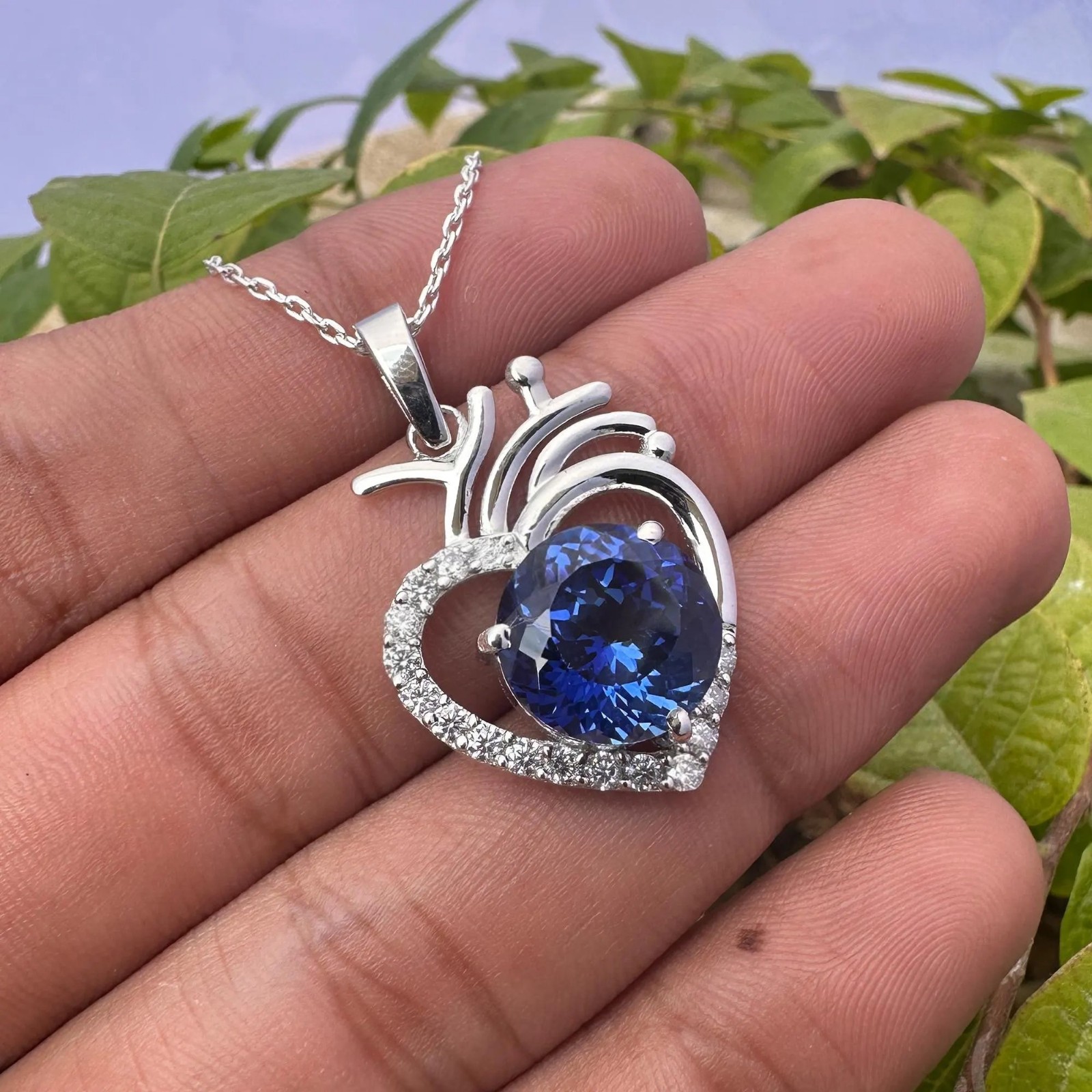 Certified Blue Sapphire 29 Ct Heart Pendant Necklace 925 Sterling Silver