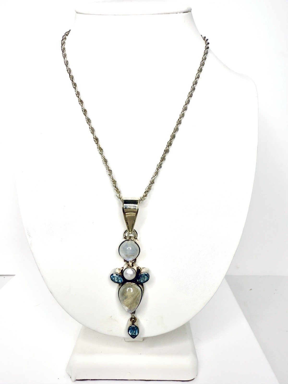 925 Sterling Silver Necklace w/ Rainbow Moonstone, Blue Topaz, Pearl Pendant 36g