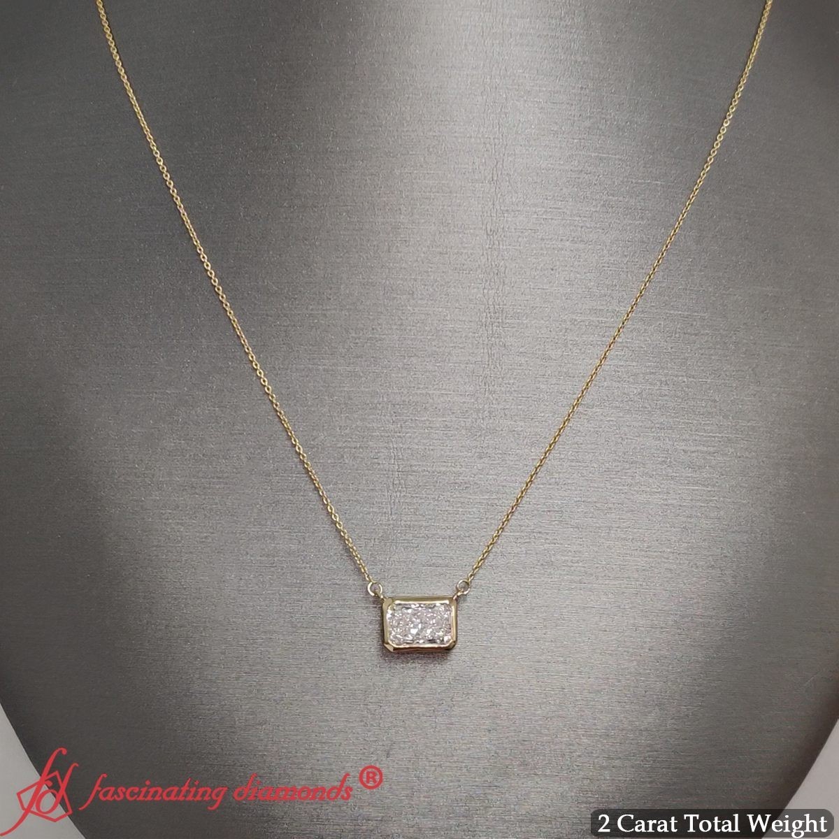 IGI Certified East West Radiant Lab Diamond Pendant 14K Gold Bezel Set Necklace