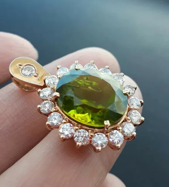 3Ct Oval Simulated Green Peridot Halo Pendant 14K Yellow Gold Plated Silver 18″