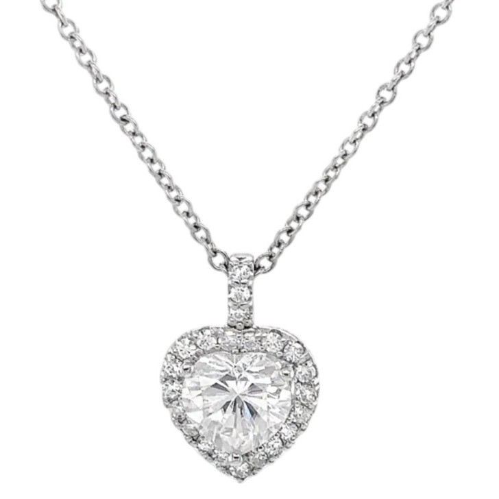 Moissanite Sterling Silver Heart .94 CTW Halo Pendant Necklace 18″ $200 GIFT