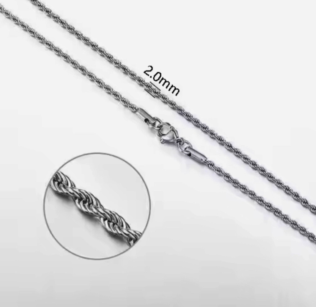 Mens Silver Rope Chain Necklace Stainless Steel Lobster Clasp 2–4mm Link
