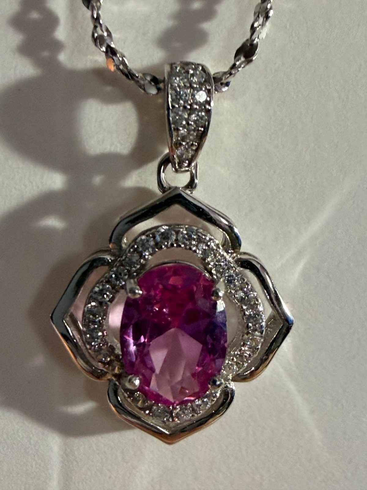 Lab Grown Pink Tourmaline SS Pendant on 18 inch SS Chain – Preowned, Excellent