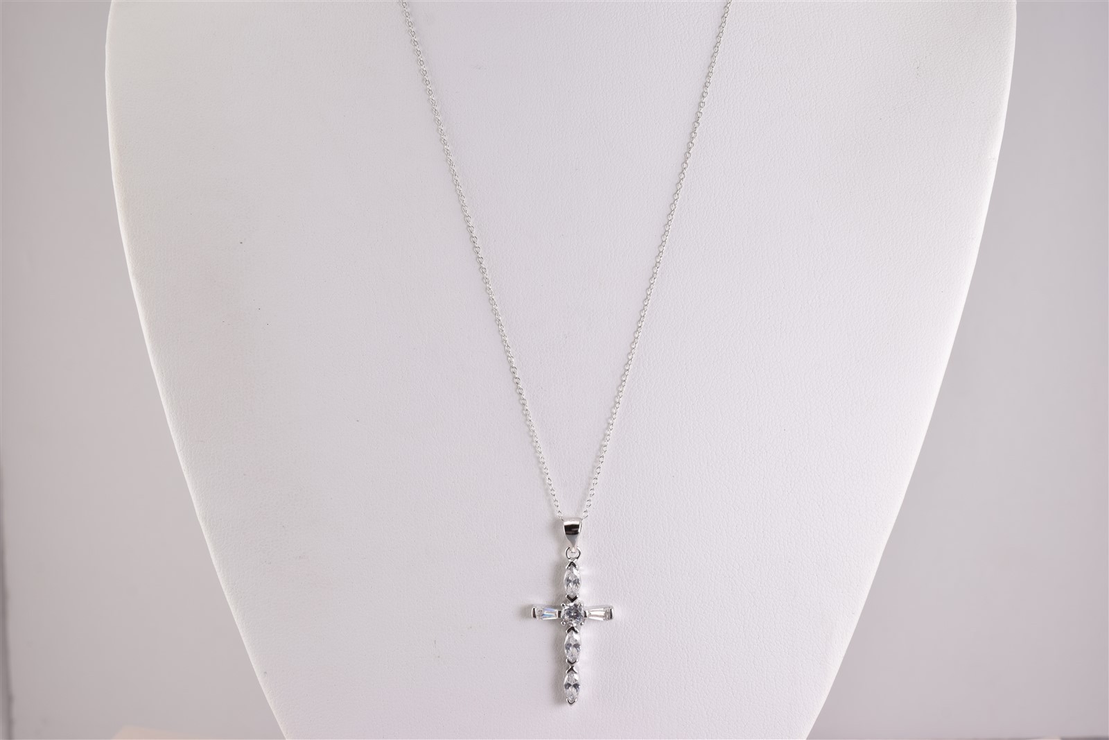 Sterling Silver 26mm x 15mm Marquise Baguette Accented Cross Pendant 18″ Chain