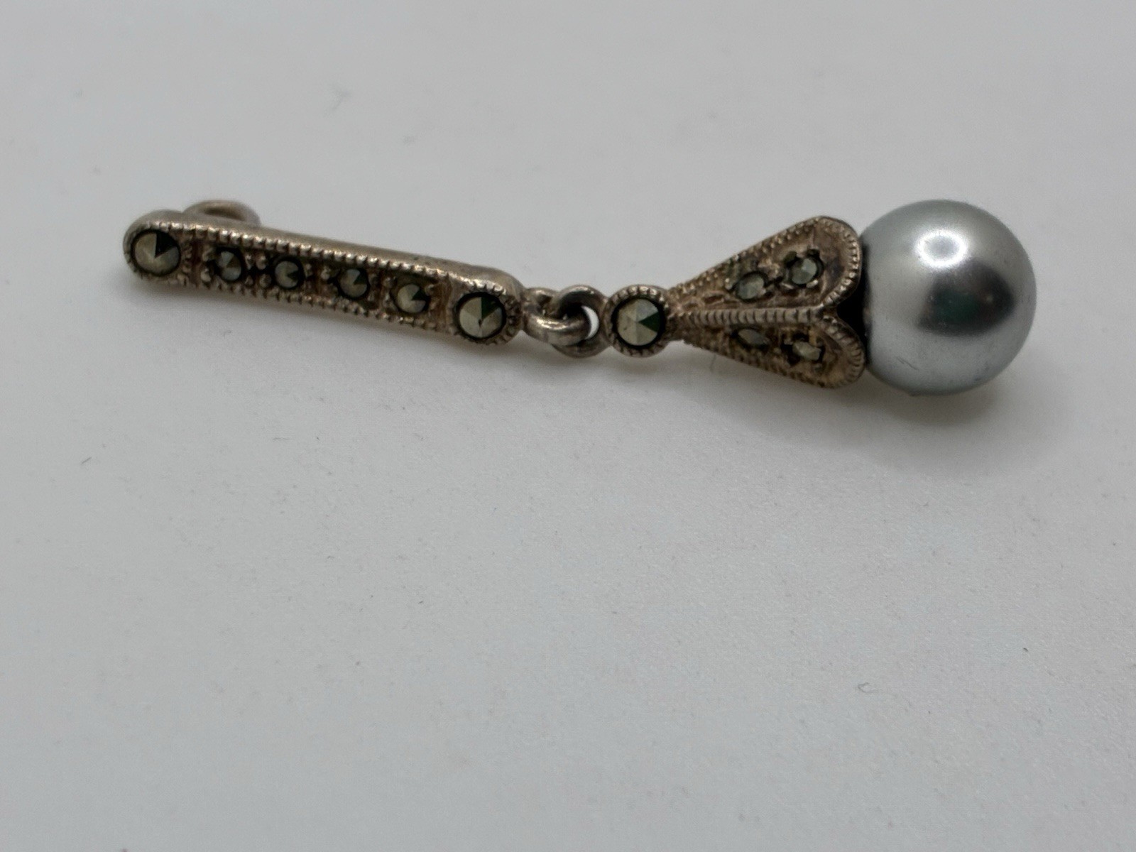 Marcasite Sterling Silver 925 Drop Pendant Silver Pearl Vintage Estate Sale