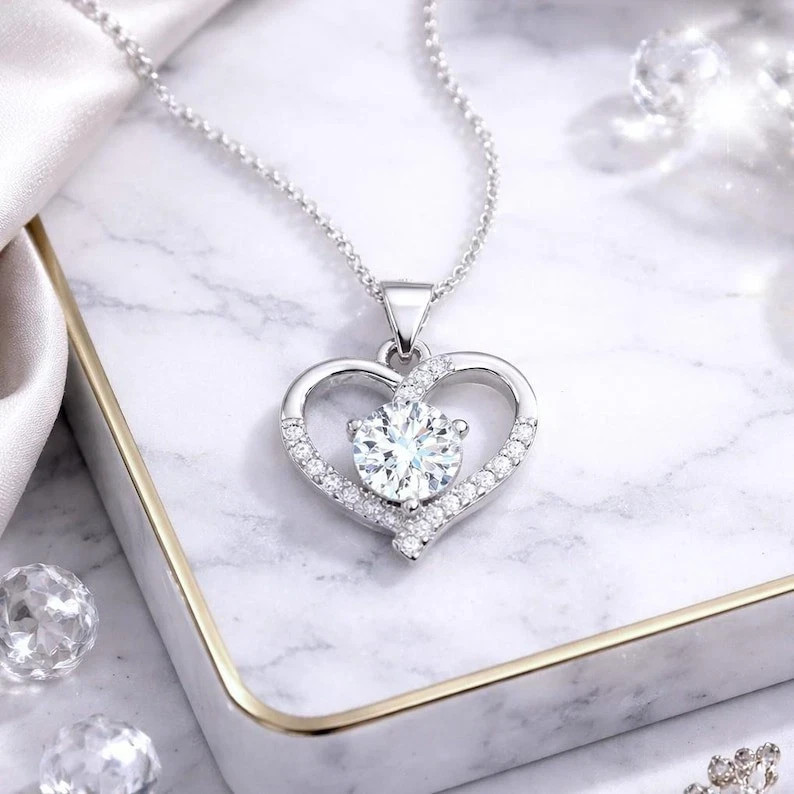 1 CT Round Cut Fancy Moissanite Wedding Pendant 14K White Gold Plated For Women