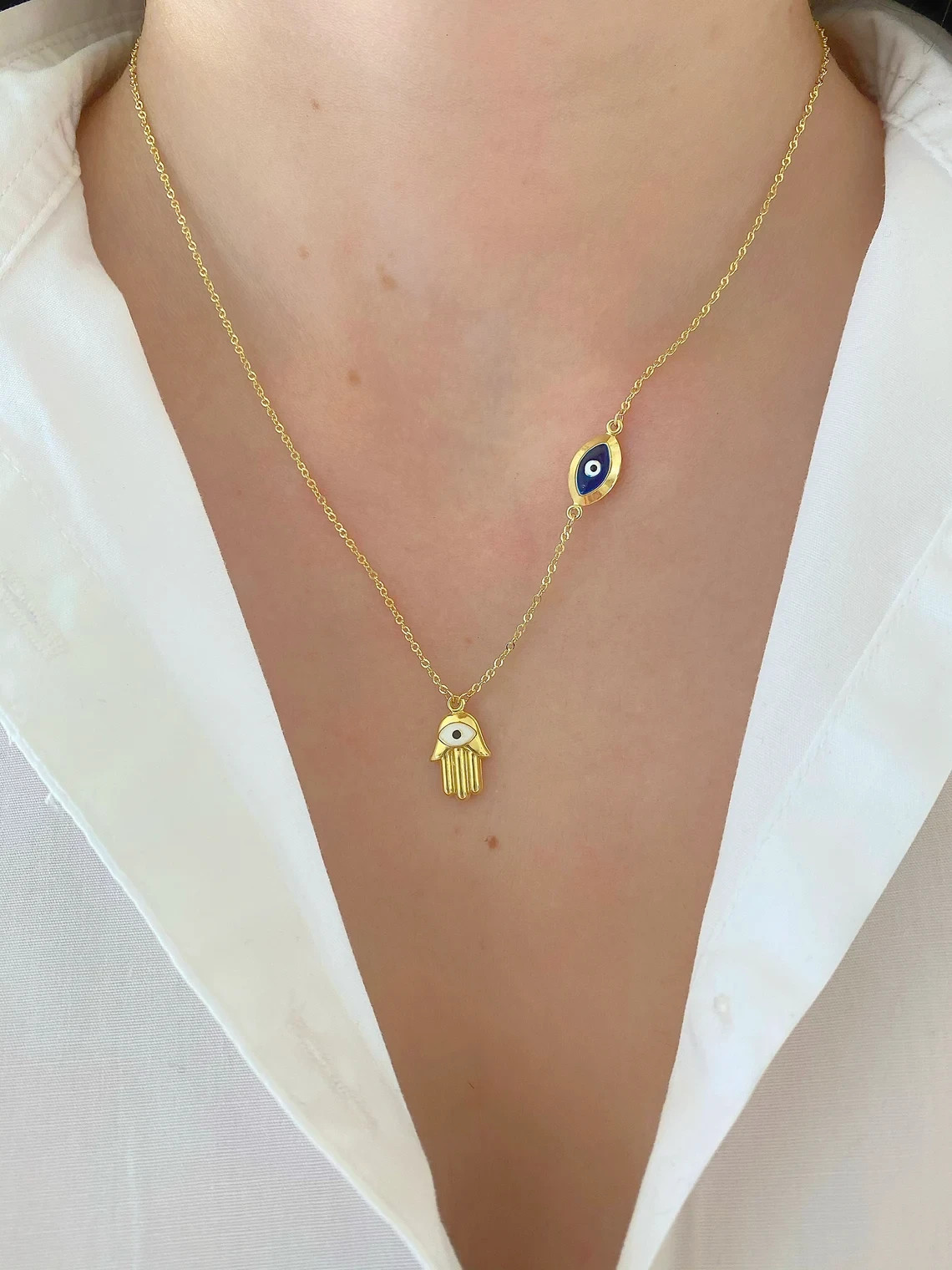 GOLD – 14K Yellow Gold Hamsa + Evil Eye Necklace – 17+1″