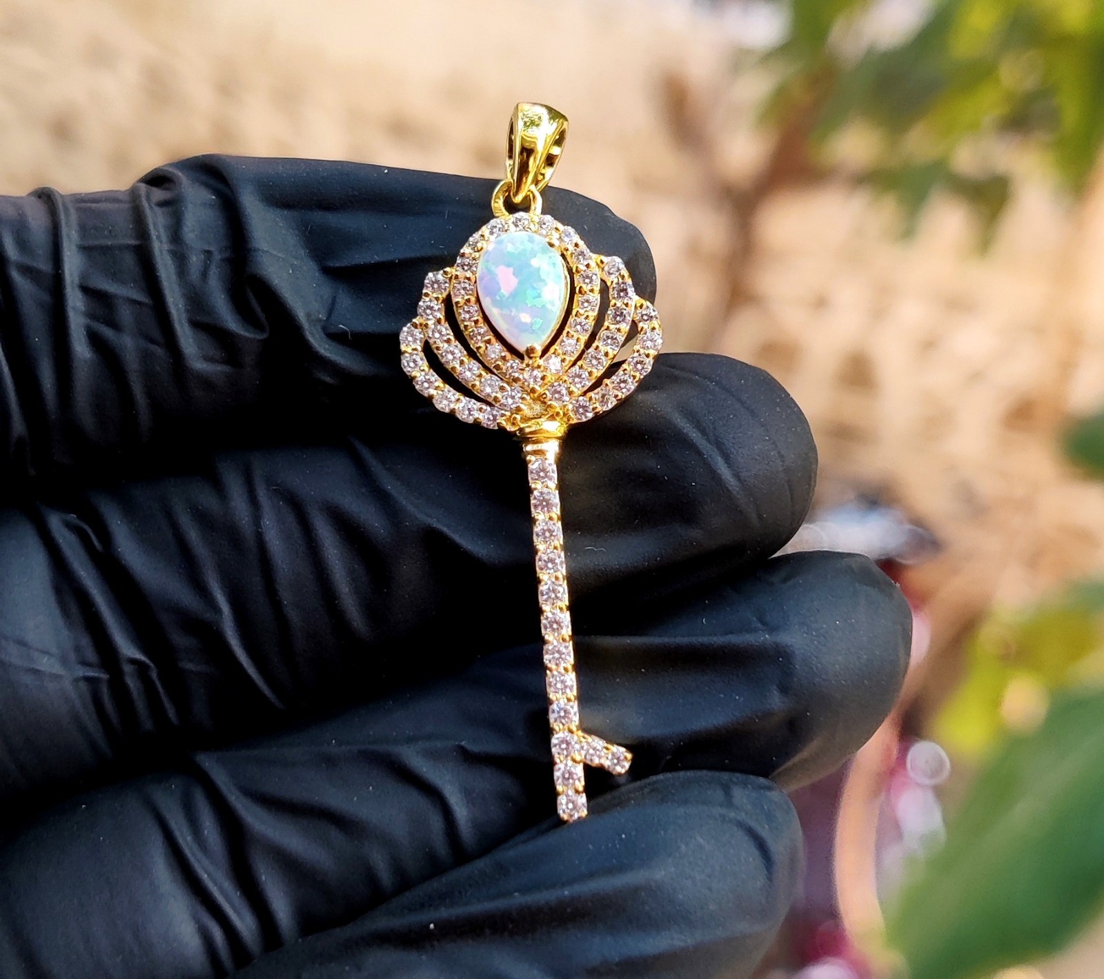2Ct Pear Cut Lab Created Fire Opal Key Pendant 14K Yellow Gold Plated 925 Silver