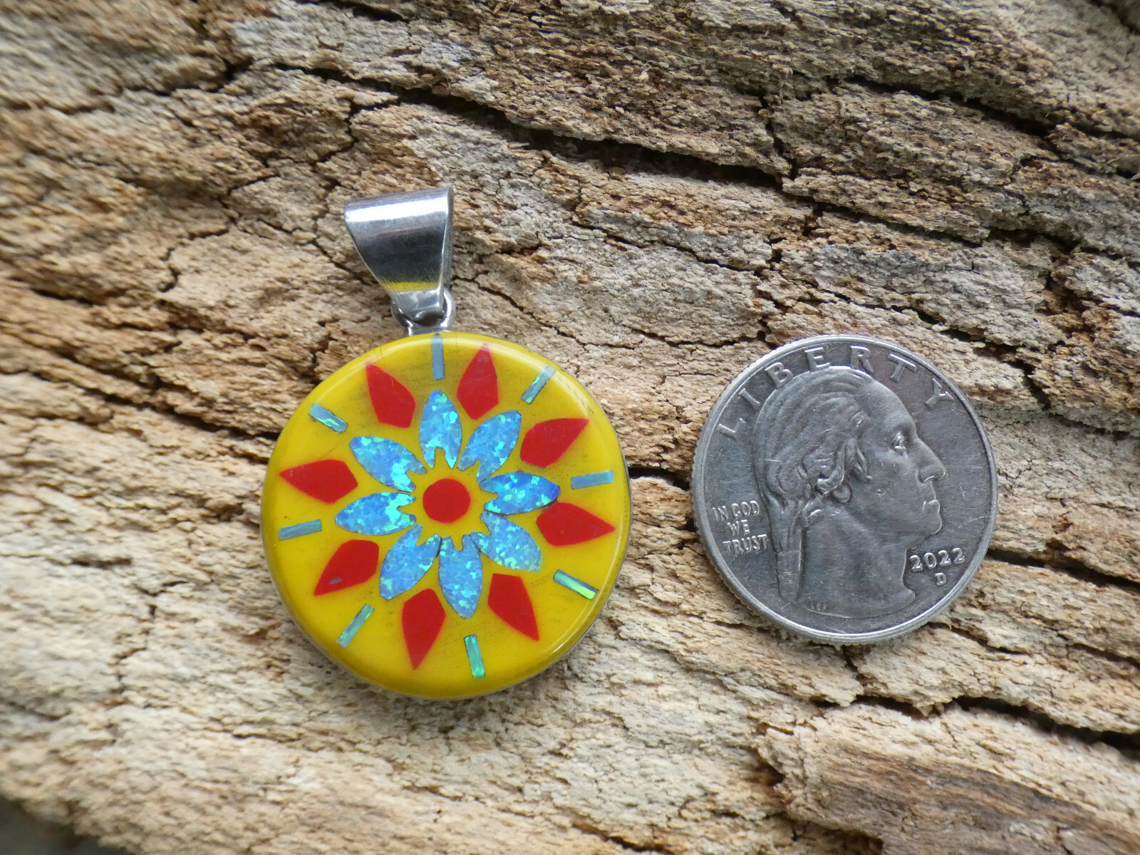 Yellow Flower Burst Gemstone Opal Aluminum Sterling Silver Alloy Pendant AK81